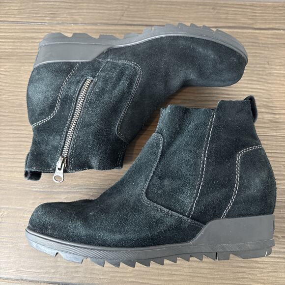 Sorel Joan Of Arctic Wedge Black Nubuck Suede Leather Chelsea Ankle Boot Sz 8.5 - Picture 6 of 8
